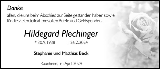 Traueranzeige von Hildegard Plechinger von Rüsselsheimer Echo