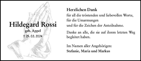 Traueranzeige von Hildegard Rossi von Allgemeine Zeitung Mainz
