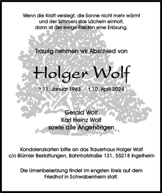 Traueranzeige von Holger Wolf von Allgemeine Zeitung Bingen/Ingelheim
