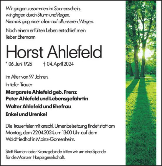 Traueranzeige von Horst Ahlefeld von Allgemeine Zeitung Mainz