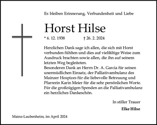 Traueranzeige von Horst Hilse von Allgemeine Zeitung Mainz