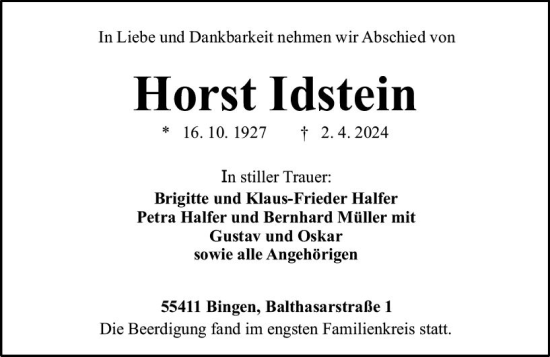 Traueranzeige von Horst Idstein von Allgemeine Zeitung Bingen/Ingelheim