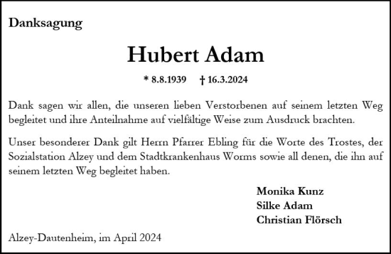 Traueranzeige von Hubert Adam von Allgemeine Zeitung Alzey