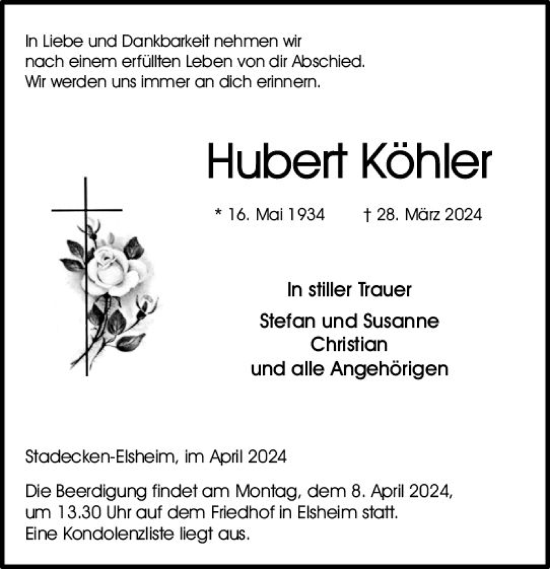 Traueranzeige von Hubert Köhler von Allgemeine Zeitung Bingen/Ingelheim