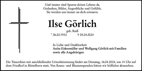 Traueranzeige von Ilse Görlich von Groß-Gerauer Echo