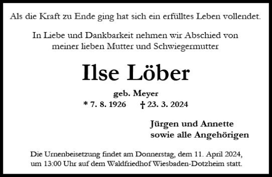 Traueranzeige von Ilse Löber von Wiesbadener Kurier