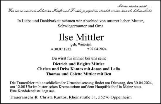 Traueranzeige von Ilse Mittler von Allgemeine Zeitung Mainz