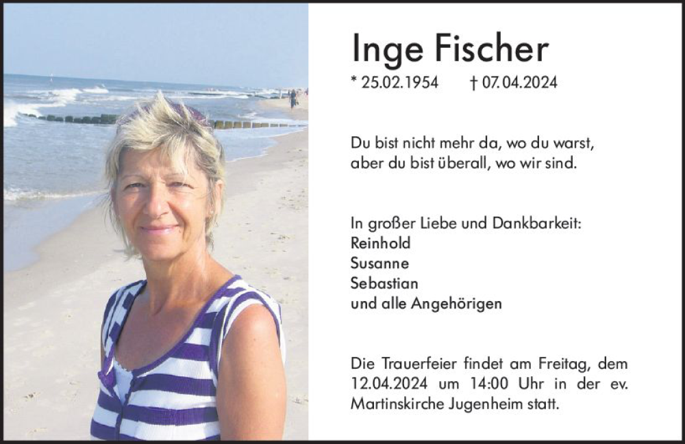  Traueranzeige für Inge Fischer vom 10.04.2024 aus Allgemeine Zeitung Mainz