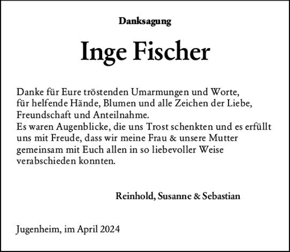  Traueranzeige für Inge Fischer vom 20.04.2024 aus Allgemeine Zeitung Mainz