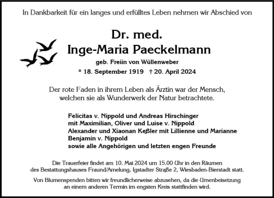 Traueranzeige von Inge-Maria Paeckelmann von Wiesbadener Kurier