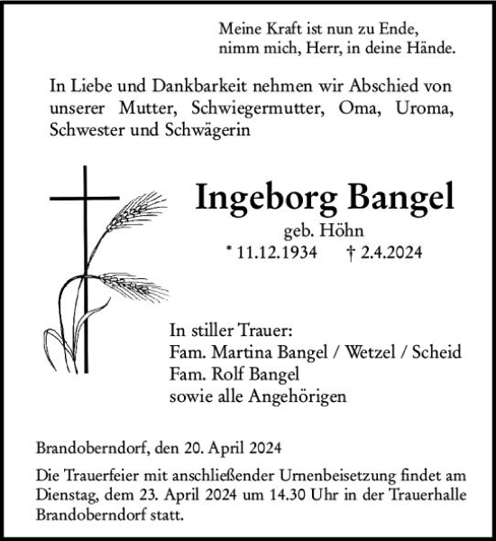 Traueranzeige von Ingeborg Bangel von Wetzlarer Neue Zeitung