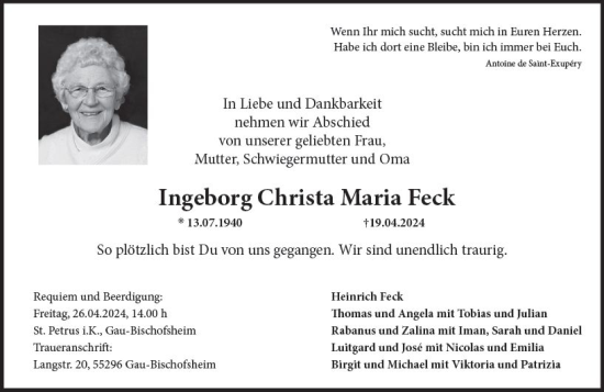 Traueranzeige von Ingeborg Christa Maria Feck von Allgemeine Zeitung Mainz