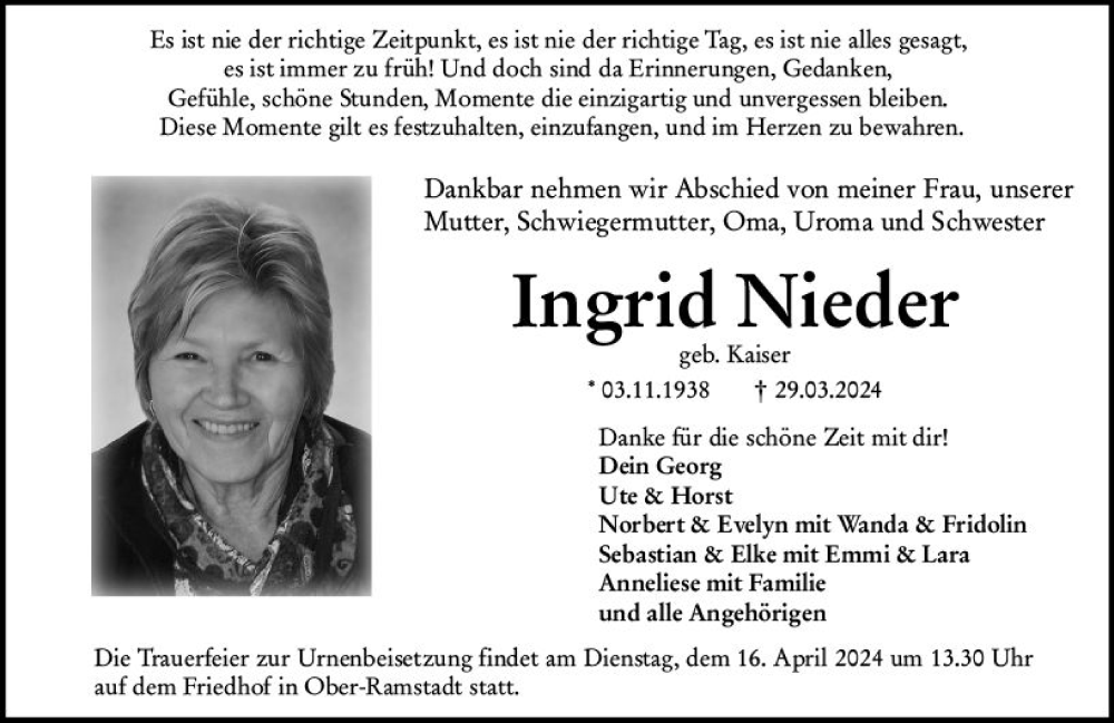  Traueranzeige für Ingrid Nieder vom 06.04.2024 aus Darmstädter Echo
