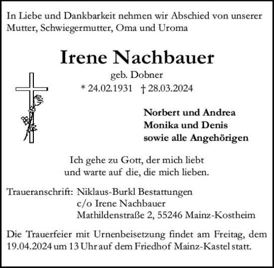 Traueranzeige von Irene Nachbauer von Allgemeine Zeitung Mainz