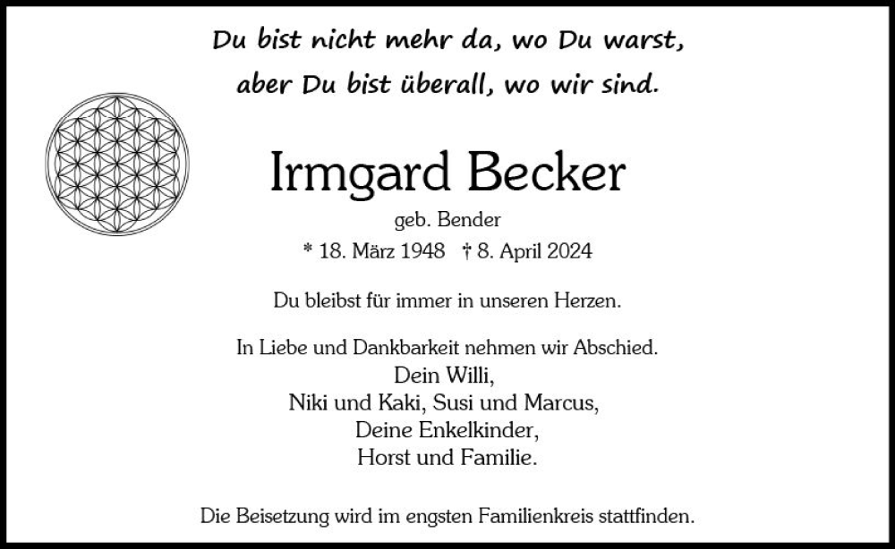  Traueranzeige für Irmgard Becker vom 20.04.2024 aus Wiesbadener Kurier