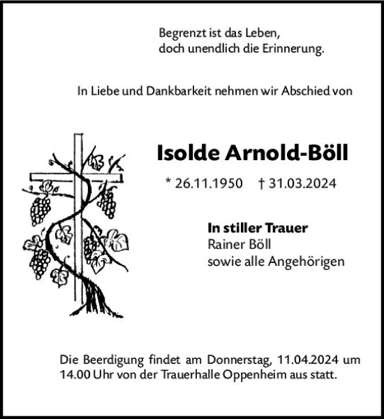 Traueranzeige von Isolde Arnold-Böll von Allgemeine Zeitung Mainz