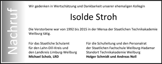 Traueranzeige von Isolde Stroh von Weilburger Tageblatt