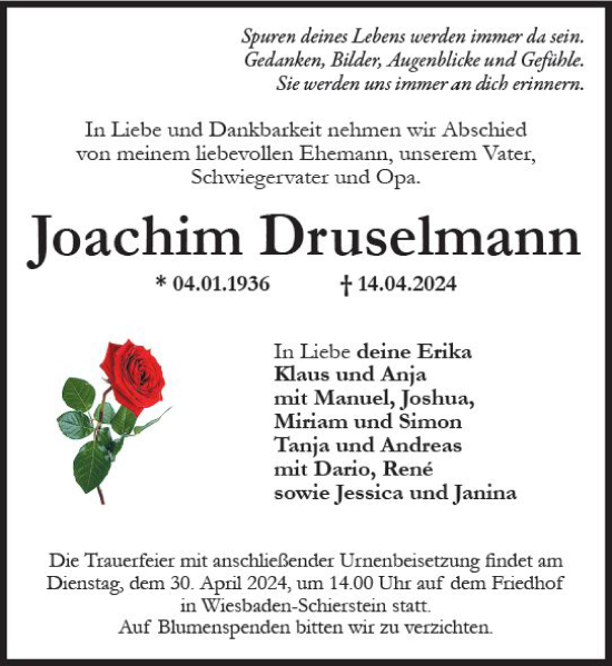Traueranzeige von Joachim Druselmann von Wiesbadener Kurier