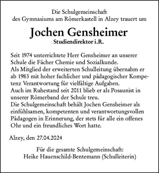 Traueranzeige von Jochen Gensheimer von Allgemeine Zeitung Alzey