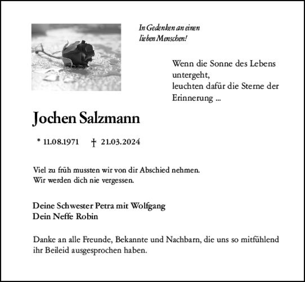  Traueranzeige für Jochen Salzmann vom 15.04.2024 aus Weilburger Tageblatt