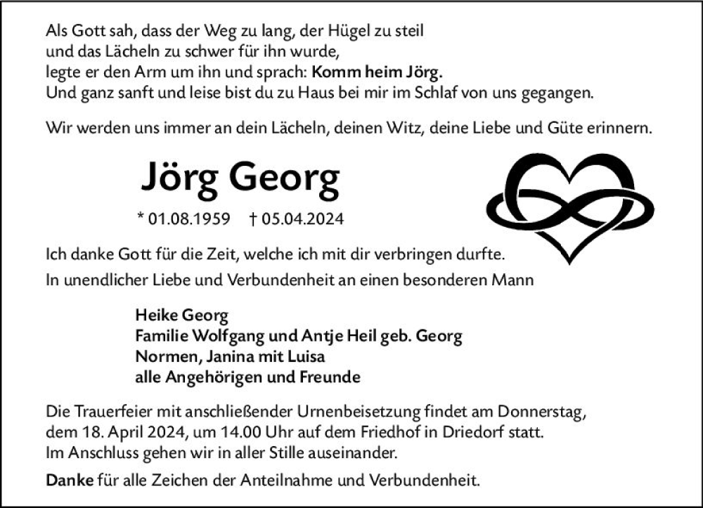  Traueranzeige für Jörg Georg vom 15.04.2024 aus Dill Block