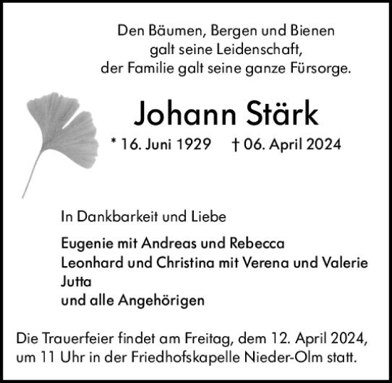 Traueranzeige von Johann Stärk von Allgemeine Zeitung Mainz