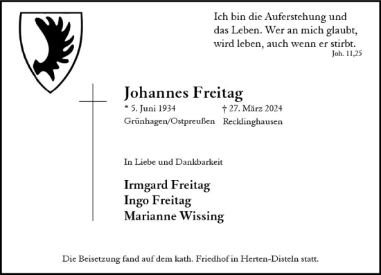 Traueranzeige von Johannes Freitag von Allgemeine Zeitung Mainz