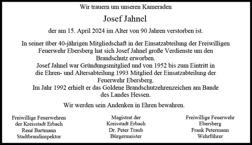  Traueranzeige für Josef Jahnel vom 20.04.2024 aus Odenwälder Echo