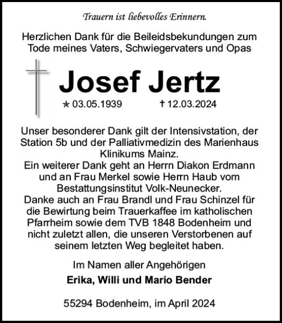 Traueranzeige von Josef Jertz von Allgemeine Zeitung Mainz