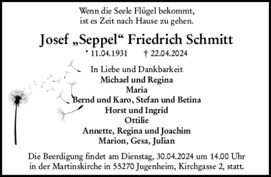 Traueranzeige von Josef  Friedrich Schmitt von Allgemeine Zeitung Mainz