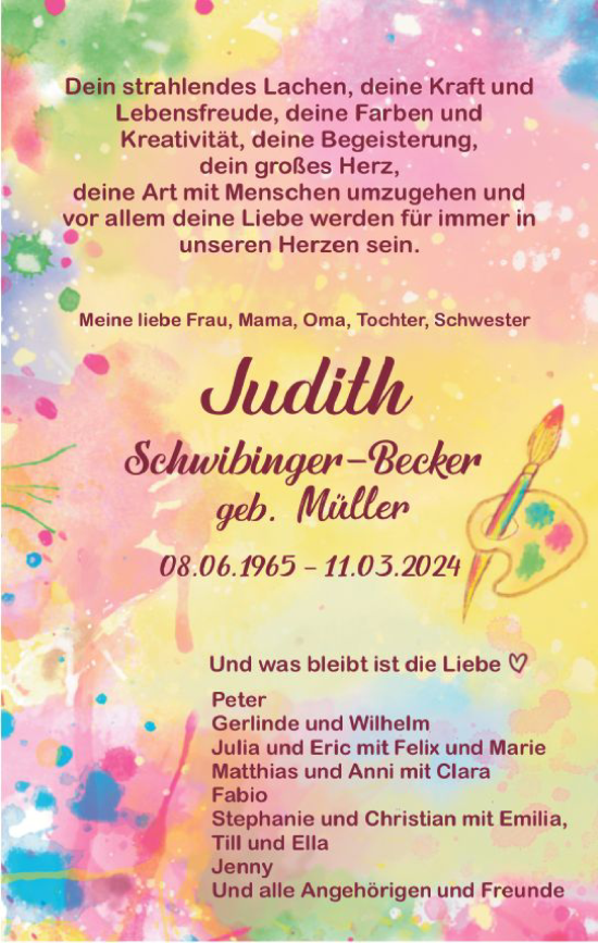 Traueranzeige von Judith Schwibinger-Becker von Allgemeine Zeitung Mainz