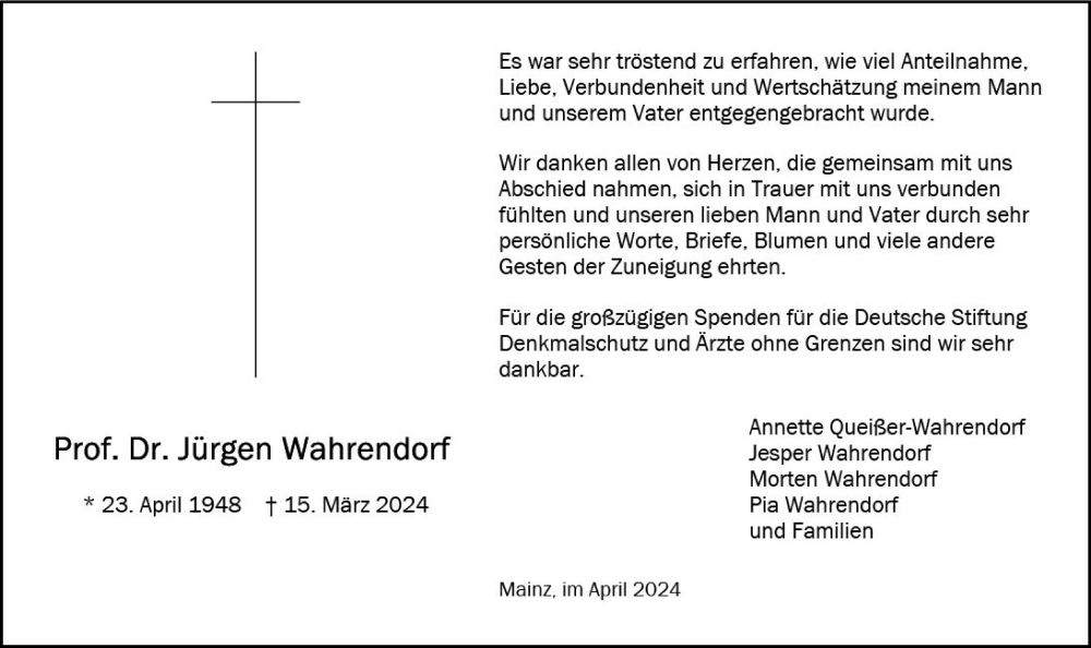  Traueranzeige für Jürgen Wahrendorf vom 27.04.2024 aus Allgemeine Zeitung Bingen/Ingelheim