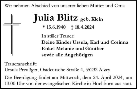 Traueranzeige von Julia Blitz von Allgemeine Zeitung Alzey