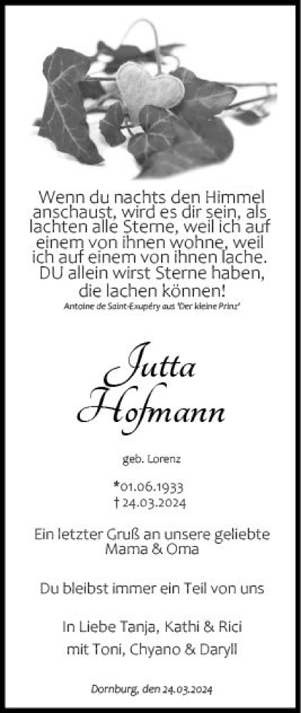 Traueranzeige von Jutta Hofmann von Nassauische Neue Presse