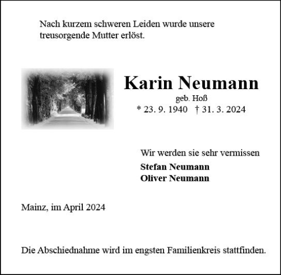Traueranzeige von Karin Neumann von Allgemeine Zeitung Mainz