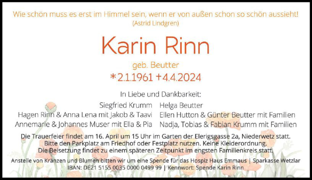  Traueranzeige für Karin Rinn vom 11.04.2024 aus Wetzlarer Neue Zeitung