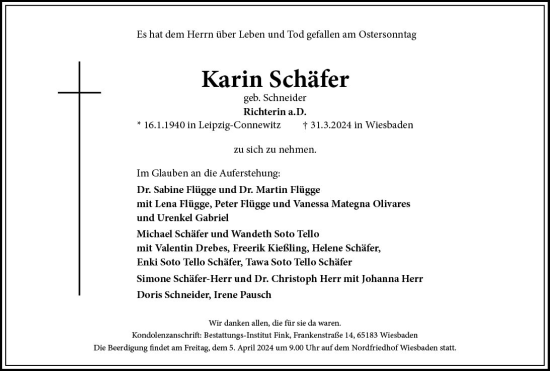 Traueranzeige von Karin Schäfer von Wiesbadener Kurier