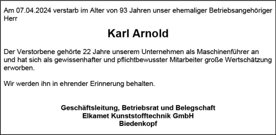 Traueranzeige von Karl Arnold von Hinterländer Anzeiger