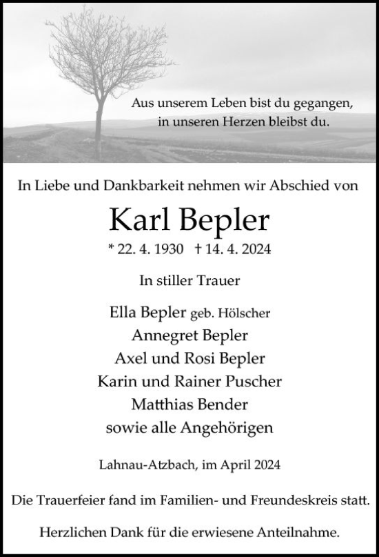 Traueranzeige von Karl Bepler von Wetzlarer Neue Zeitung
