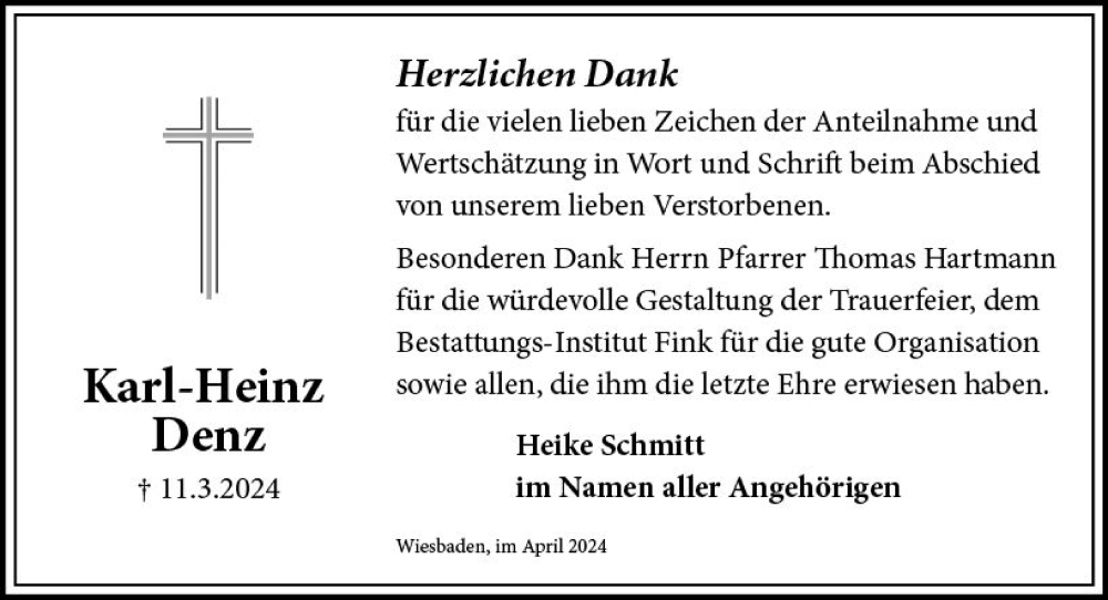  Traueranzeige für Karl-Heinz Denz vom 06.04.2024 aus Wiesbadener Kurier