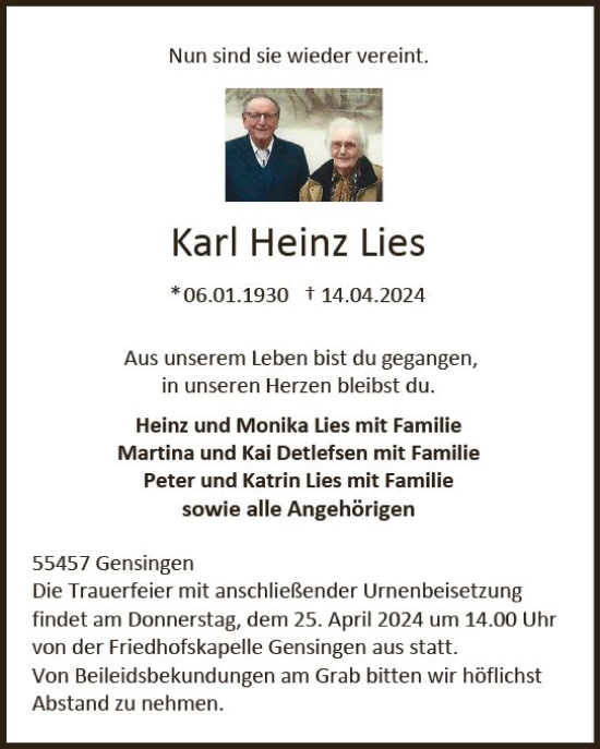 Traueranzeige von Karl Heinz Lies von Allgemeine Zeitung Bingen/Ingelheim