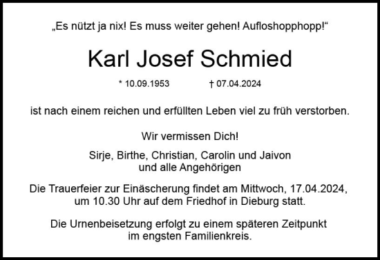 Traueranzeige von Karl Josef Schmied von Dieburger Anzeiger/Groß-Zimmerner Lokal-Anzeiger