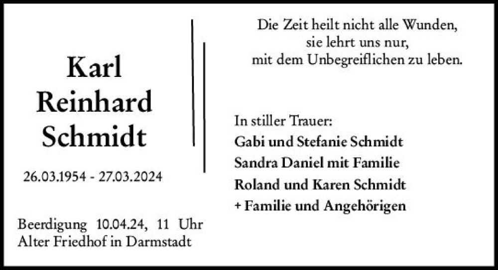  Traueranzeige für Karl Reinhard Schmidt vom 06.04.2024 aus Darmstädter Echo