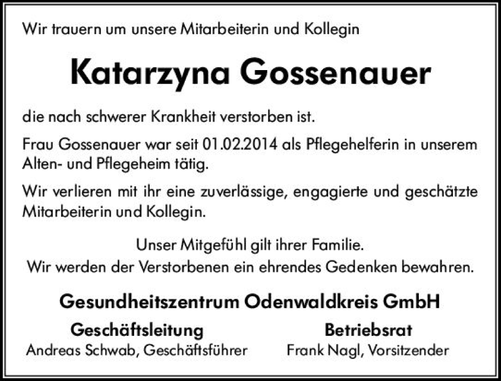  Traueranzeige für Katarzyna Gossenauer vom 20.04.2024 aus Odenwälder Echo
