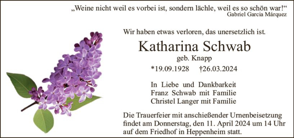  Traueranzeige für Katharina Schwab vom 06.04.2024 aus Starkenburger Echo