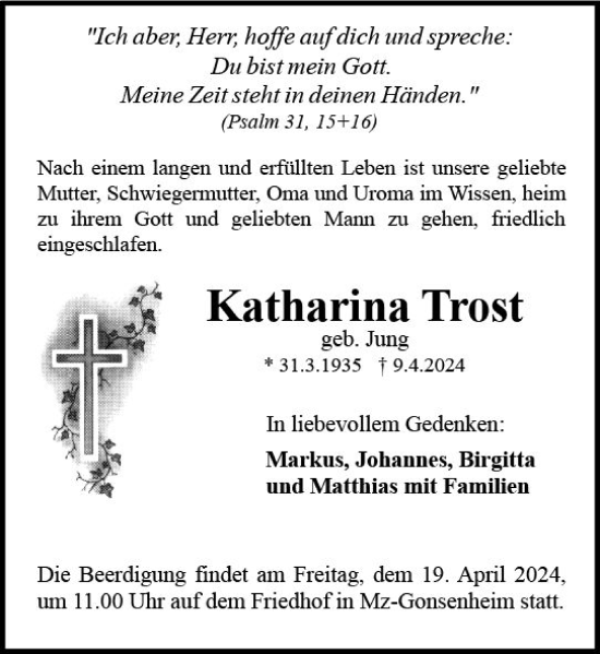 Traueranzeige von Katharina Trost von Allgemeine Zeitung Mainz