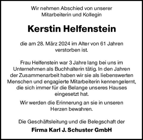 Traueranzeige von Kerstin Helfenstein von Bergsträßer Anzeiger
