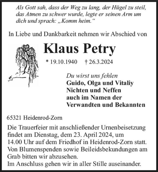 Traueranzeige von Klaus Petry von Idsteiner Land/Untertaunus