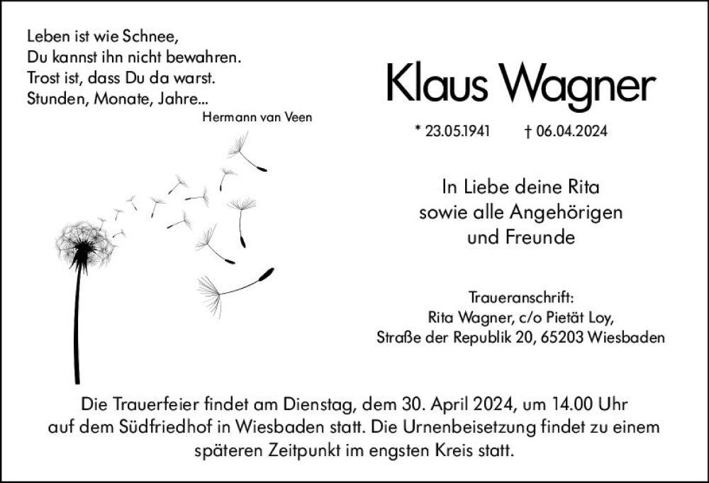  Traueranzeige für Klaus Wagner vom 20.04.2024 aus Wiesbadener Kurier