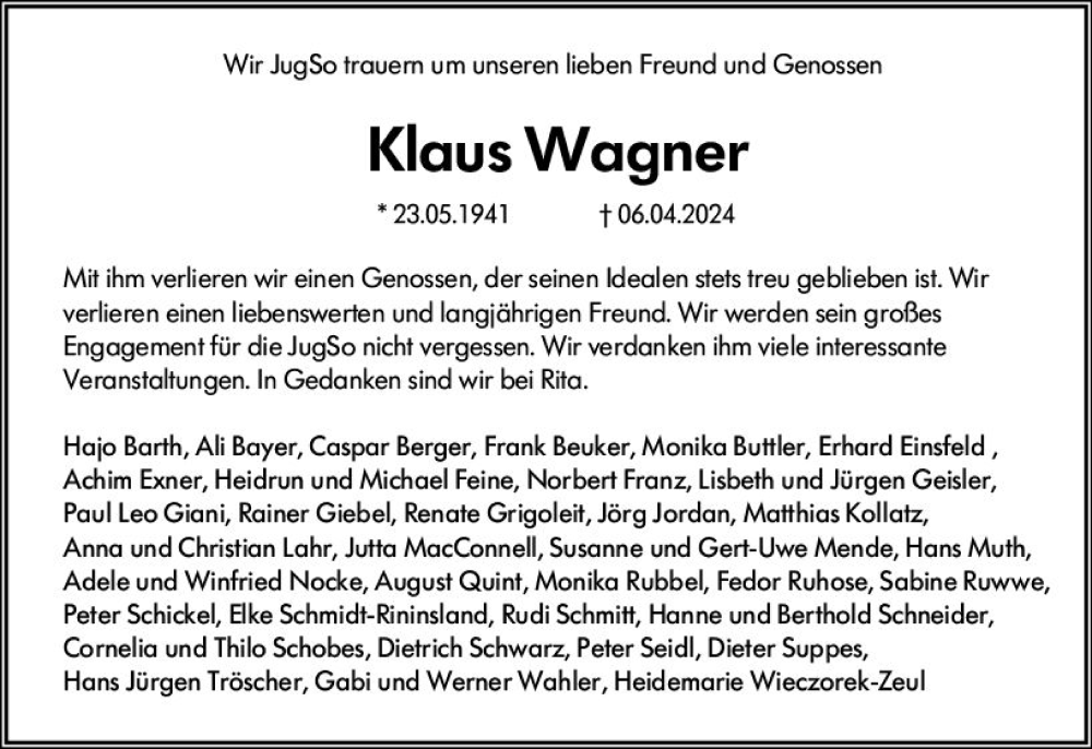  Traueranzeige für Klaus Wagner vom 20.04.2024 aus Wiesbadener Kurier